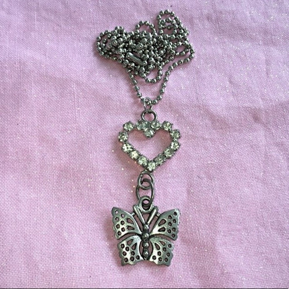 CZ Heart & Butterfly Charmed Ball Chain Necklace